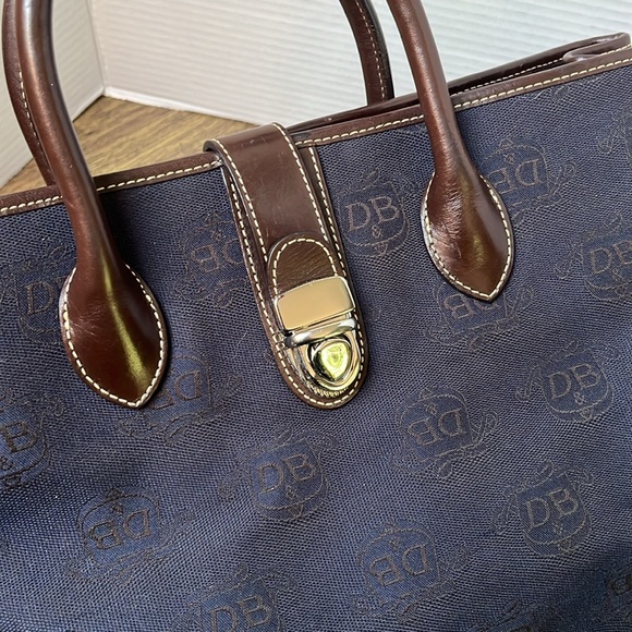 Dooney & Bourke Canvas Signature Double Handle Tote Leather Navy Blue Brown - Picture 9 of 17